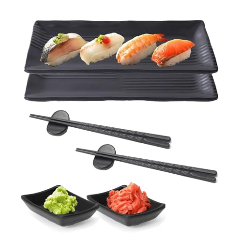 Molijysp Japanisches Sushi Geschirr set 8 Teiliges, Sushi Platte, Japanese Sushi Teller, mit 2 Teller, 2 Dipteller, 2 Paar Essstäbchen, 2 Essstäbchenablagen, für Familien, Restaurants und Hotels von Molijysp