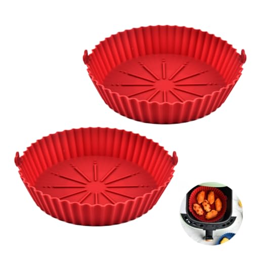 Molinter Air Fryer Silicone Pot Heißluftfritteuse Faltbar Korb Luftfritteuse Silikonform Rund Liners Backpapier Backblech Backmatte 2 Stück (Rot, 18.5x5.5cm) von Molinter