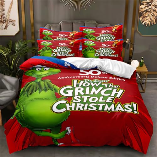 Molinter Bettwäsche Set Weihnachten Grinch Bettbezug - Bettwäsche-Sets mit Reißverschluss 2 Kissenbezüge Cartoon Mikrofaser Bettwäscheset (A, 135 x 200 cm+2 Kissenbezüge 50 x 75 cm) von Molinter