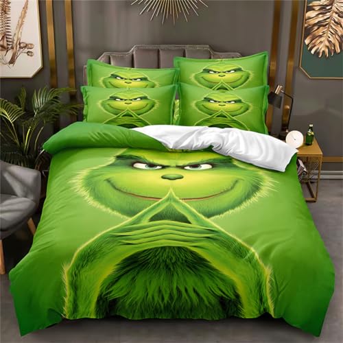 Molinter Bettwäsche Set Weihnachten Grinch Bettbezug mit Reißverschluss 2 Kissenbezüge Cartoon Mikrofaser Bettwäscheset (A, 210 x 210 cm+ 2 Kissenbezüge 50 x 75 cm) von Molinter