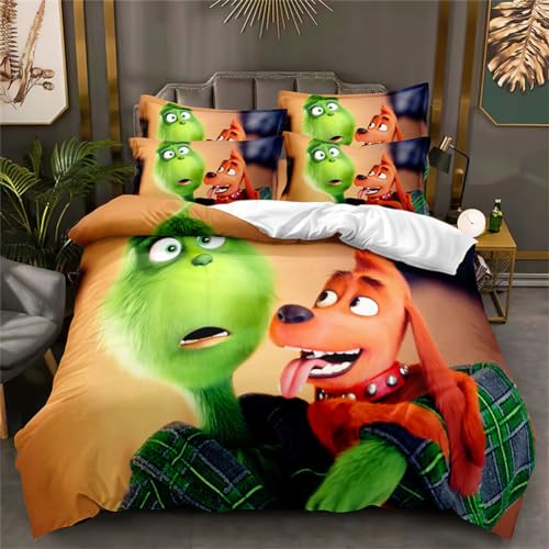 Molinter Bettwäsche Set Weihnachten Grinch Bettbezug mit Reißverschluss 2 Kissenbezüge Cartoon Mikrofaser Bettwäscheset (D, 135 x 200 cm+2 Kissenbezüge 50 x 75 cm) von Molinter