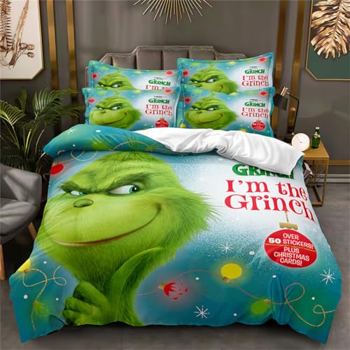 Molinter Bettwäsche Set Weihnachten Grinch Bettbezug mit Reißverschluss 2 Kissenbezüge Cartoon Mikrofaser Bettwäscheset (E, 135 x 200 cm+2 Kissenbezüge 50 x 75 cm) von Molinter