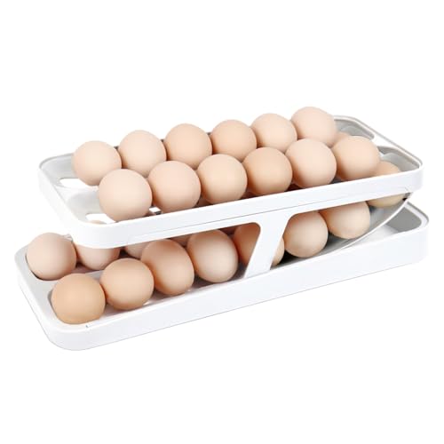 Molinter Eierleisten für Kühlschränke Doppelreihig Doppelschicht Egg Holder Eierspender Automatisch Rollender EierbehäLter Weiß Grau (Weiß) von Molinter