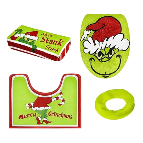 Molinter Weihnachten Grinch Toilettensitzbezug im Grünhaariges Monster Design WC-Sitzbezüge Teppich WC-Deckelbezug WC-Tankdecke Sets 4 Stück von Molinter