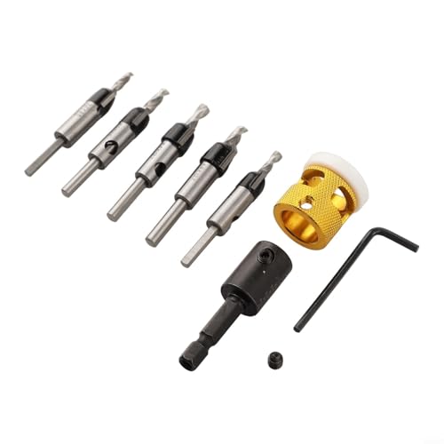 5-teiliges Kegelsenker-Bohrer-Set aus Aluminiumlegierung mit verstellbarem Tiefenanschlag und 1/4 Zoll Sechskantschaft, geeignet für Holz, Spanplatte, MDF, Sperrholz und Kunststoffplatten von Moliuoly