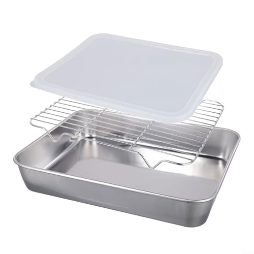 Backblech Edelstahl mit Abnehmbarem Kühlgestell Rostfrei Spülmaschinenfest Spiegeloberfläche Silber 23x17x5cm 26x20x5cm 31x24x5cm Für Backen Fleisch Geflügel Ofen(26x20x5cm) von Moliuoly
