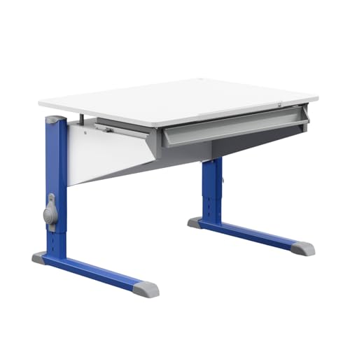 Moll Bandit Kinderschreibtisch höhenverstellbar | mitwachsend, ergonomisch & neigbar für aufrechtes Sitzen | ideal für Schulkinder | Schreibtisch weiß (Standard, Blau, 90cm x 70,5cm) von Moll