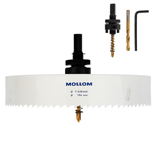 Mollom (194mm | 7-5/8") HSS M42 mit 8% Kobalt Bi-Metall-Lochsäge mit 2 Zentrierbohrern & Aufnahme, glatter Schnitt für PVC, Trockenbau, Holz, Kunststoff, Gipskarton, Gummiprojekte von Mollom