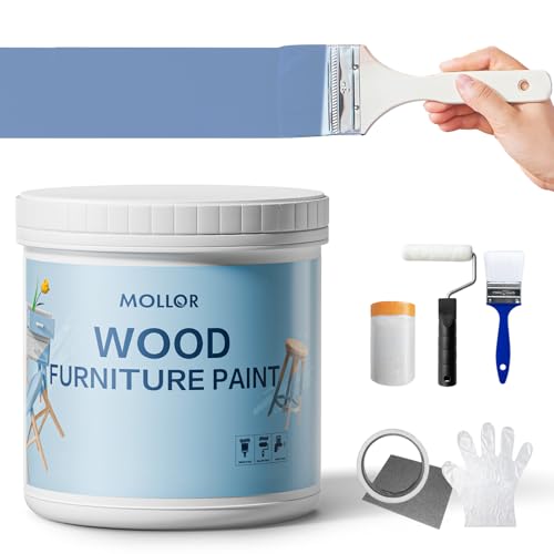 Mollor Matt Schwarz Holzfarbe Innen, Langlebig Farbe Für Möbel Ohne Schleifen, Kreidefarbe Shabby Chic Feinste Farbe Innen und Außen Möbellack Bastellfarbe (16oz/500g, Küstenblau mit Werkzeugen) von Mollor