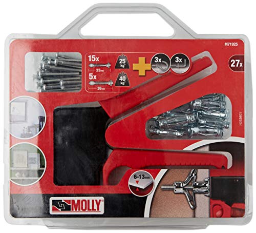 MOLLY Set mit 20 Befestigungsdübeln – 10 Dübel 4 x 33 mm und 10 Dübel 5 x 36 mm + Montagezange, grau, 27-teiliges Set M71925-XJ von Molly