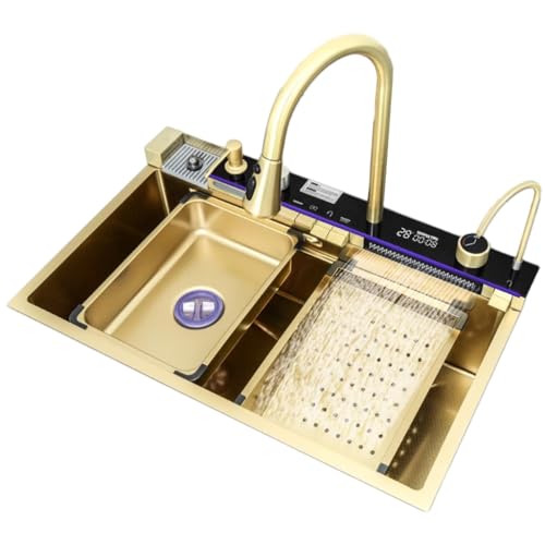 Wasserfall-Küchenspüle Wal-Wasserfallspüle Mit Nano-Gold-Digitalanzeige Geprägte Große Einzelrille Aus Edelstahl 304 Mit Unterlegscheibe (Color : Gold, S : 68 * 46 * 23cm) von MollyYou