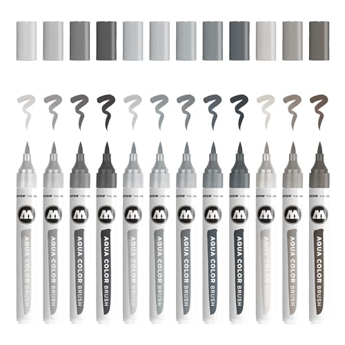 Molotow Aqua Color Brush (Brush Pen Marker Grey-Set, Pinsel Spitze für Aquarellieren und Handlettering) 12 Stück sortiert von Molotow