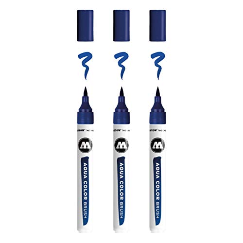 Molotow Aqua Color Brush (Brush Pen Marker auf Wasserbasis, Pinsel Spitze für Aquarellieren und Handlettering) 3 Stück Farbe 011 primär blau von Molotow