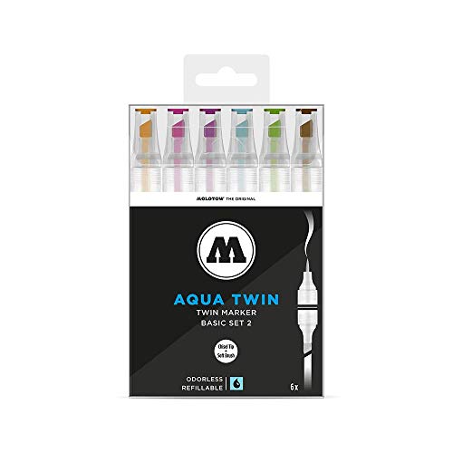 Molotow Aqua Twin Zweispitzmarker (Basic-Set 2, Tinte auf Wasserbasis, Strichstärke 1 mm und 2-6 mm, Etui) 6 Stück sortiert von Molotow