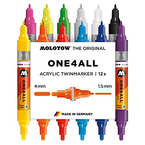 Molotow One4All Acrylic Twin Marker Main-Kit 1 (Strichstärke 1,5 mm und 4,0 mm, hochdeckend und permanent, UV-beständig, für fast alle Untergründe) 12 Stück sortiert von Molotow