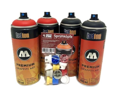 Molotow Premium Sprühdosen rot schwarz 4x400ml MATT inkl. Ersatzsprühköpfe von Molotow