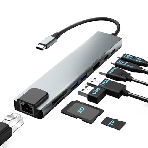 Moman Docking Station, USB C Hub 8 in 1 mit 100W PD, 4K@30Hz HDMI, 5Gbps USB 3.0, USB 2.0, USB C, RJ45 Ethernet, SD/TF Kartenleser für Maus, Tastatur, U Disk, Flash Drive, Mobile von Moman