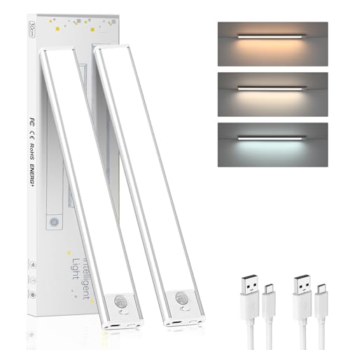 Moman 30CM Schrankbeleuchtung, 2er Set Unterbauleuchte Küche LED Dimmbar Schranklicht mit Bewegungsmelder Kabellos USB Wiederaufladbar für Küche Kleiderschrank Treppe, Unterbauleuchte-LED-Lampe-Leiste von Moman