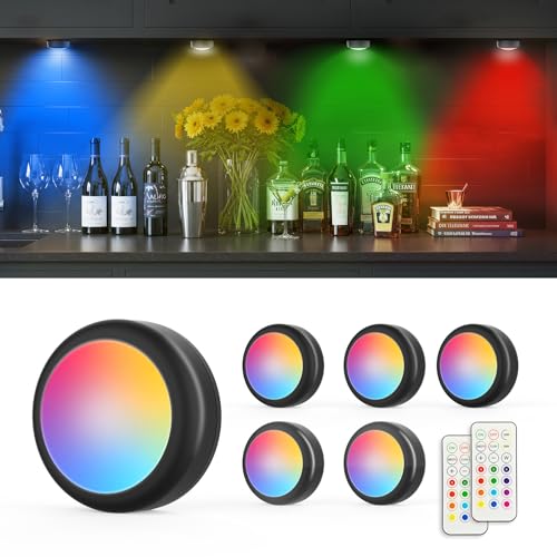 Moman Schrankbeleuchtung 6 Stück, 13 Farben LED Unterbauleuchtenl mit Fernbedienung,Dimmbar Batteriebetrieben Timing-Funktion Vitrinenbeleuchtung Partyleuchten für Küche, Schlafzimmer (T025 Schwarz) von Moman