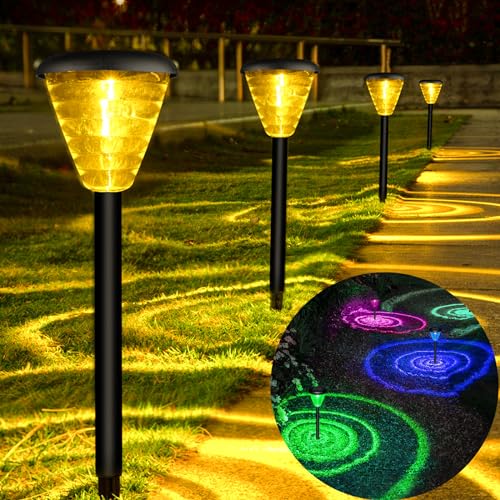 Moman Solarlampen für Außen Garten, 4 Stück Gartenlampen für Draußen Warm Weiß & RGB IP65 Wasserdicht Solarlampen mit Kreisring-Effekt für Rasen Wege, Solarlampe-Außen-Gartenlampe-Bunt-Wegeleuchten von Moman