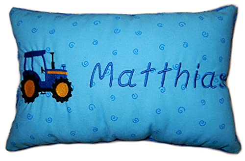 Momelie Blaues Schmusekissen * Kuschelkissen * Blauer Traktor * mit Namen Bestickt * 25 x 40 cm * SK-bl_0088 von Momelie