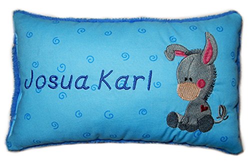 Momelie Blaues Schmusekissen * Kuschelkissen * Esel * mit Namen Bestickt * 17 x 29 cm * SK-bl_0098 von Momelie