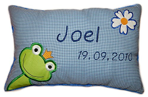 Momelie Blaues Schmusekissen * Kuschelkissen * Frosch * mit Namen Bestickt * 25 x 40 cm * SK-bl_0101 von Momelie