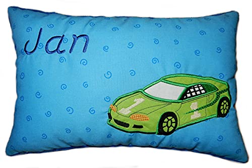 Momelie Blaues Schmusekissen * Kuschelkissen * Rennwagen * mit Namen Bestickt * 25 x 40 cm * SK-bl_0087 von Momelie