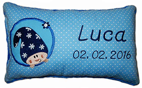 Momelie Blaues Schmusekissen * Kuschelkissen * Wichtel * mit Namen Bestickt * 17 x 29 cm * SK-bl_0059 von Momelie