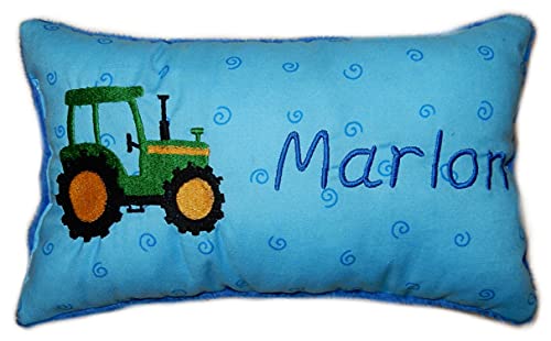 Momelie Blaues Schmusekissen * Kuschelkissen * grüner Traktor * mit Namen Bestickt * 17 x 29 cm * SK-bl_0073 von Momelie