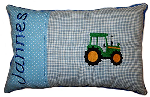 Momelie Blaues Schmusekissen * Kuschelkissen * grüner Traktor * mit Namen Bestickt * ca. 25 * 40 cm groß * SK-bl_0082 von Momelie