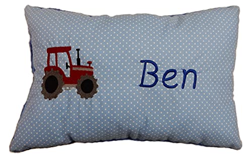 Momelie Blaues Schmusekissen * Kuschelkissen * roter Traktor * mit Namen Bestickt * 17 x 29 cm * SK-bl_0133 von Momelie