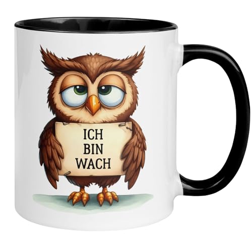 Eulen Tasse Lustig mit Spruch | Ich bin wach | Witzige Kaffeetasse Geschenk Arbeit Büro | Becher Morgenmuffel Langschläfer Schlafmütze Nachtmenschen von Momentals