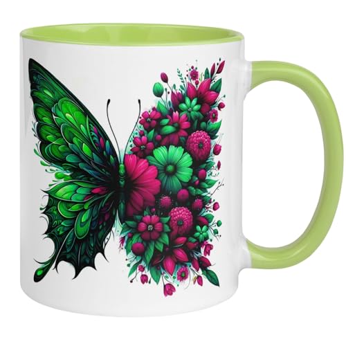 Schmetterling Tasse | Grüner Butterfly mit Blumen in Pink & Türkis | Farbige Kaffeetasse mit Blüten & Schmetterling | Geschenkidee für Frauen Freundin Mutter Geburtstag von Momentals