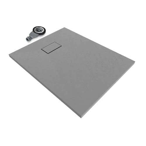 SMC BOREAL Duschwanne 100x80 cm, Extra Flache Und Robuste Duschtasse 26MM Aus Langlebigem Material Mit Anti-Rutsch-Oberfläche In Schieferoptik/Steinoptik Inkl. Ablaufgarnitur Mit Deckel - Grau von Moments of Glass