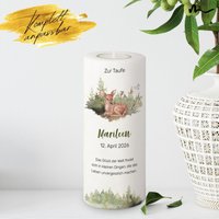 Taufkerze Rehkitz Ø8 X 20 cm Mit Docht Oder Teelichteinsatz | Olivenholz Holzelement Echtholz Wald Natur Reh Bambi von MomentuShop