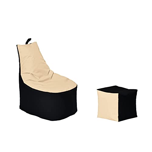 Momiralland Classic Sitzsack XL - XXL mit Hocker Sitzkissen BodenKissen Sessel In- & Outdoor geeignet Gaming Sitzsack für Erwachsene und Kinder… (Schwarz – Beige, XL - Durchmesser 65 cm) von Momiralland