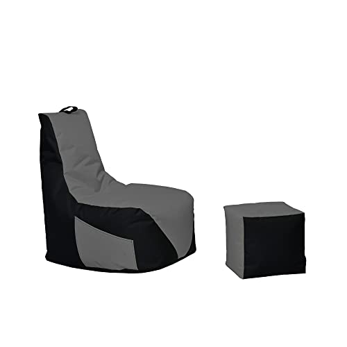 Momiralland Gaming Sitzsack - mit Lehne Sitzkissen - Beanbag - BodenKissen Sessel In- & Outdoor geeignet - Gaming mit PC Xbox & Playstation (Schwarz - Anthrazit, Sitzsack + Hocker) von Momiralland