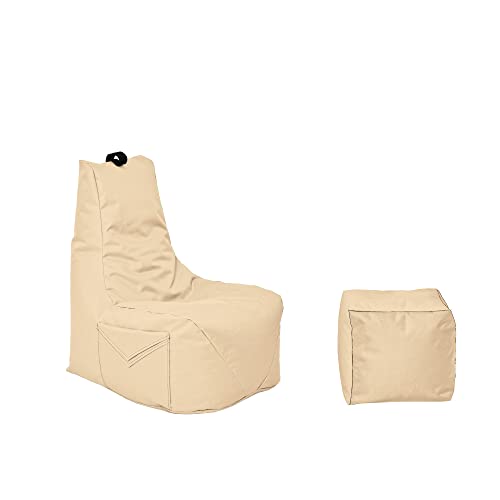 Momiralland Komfort Sitzsack XL - XXL mit Hocker Sitzkissen BodenKissen Sessel In- & Outdoor geeignet Gaming Sitzsack für Erwachsene und Kinder (Beige, XL - Durchmesser 75 cm) von Momiralland