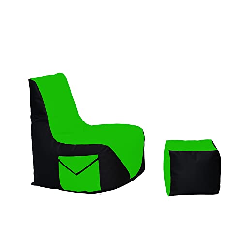 Momiralland Komfort Sitzsack XL - XXL mit Hocker Sitzkissen BodenKissen Sessel In- & Outdoor geeignet Gaming Sitzsack für Erwachsene und Kinder (Schwarz – Grün, XL - Durchmesser 75 cm) von Momiralland