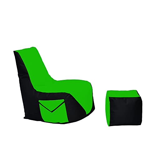 Momiralland Komfort Sitzsack XL - XXL mit Hocker Sitzkissen BodenKissen Sessel In- & Outdoor geeignet Gaming Sitzsack für Erwachsene und Kinder (Schwarz – Grün, XXL - Durchmesser 80 cm) von Momiralland