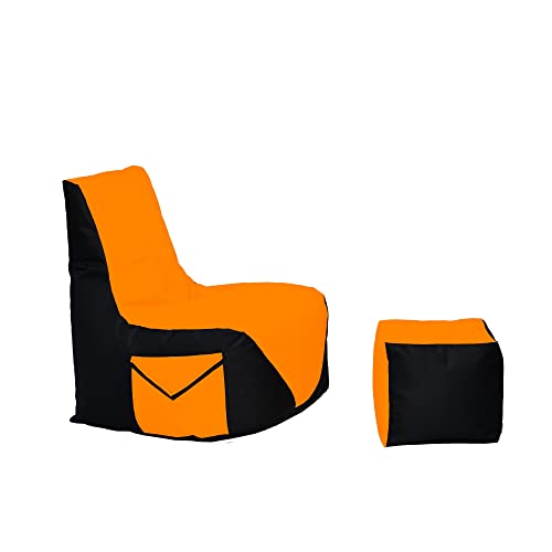 Momiralland Komfort Sitzsack XL - XXL mit Hocker Sitzkissen BodenKissen Sessel In- & Outdoor geeignet Gaming Sitzsack für Erwachsene und Kinder (Schwarz – Orange, XXL - Durchmesser 80 cm) von Momiralland