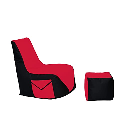 Momiralland Komfort Sitzsack XL - XXL mit Hocker Sitzkissen BodenKissen Sessel In- & Outdoor geeignet Gaming Sitzsack für Erwachsene und Kinder (Schwarz – Rot, XXL - Durchmesser 80 cm) von Momiralland