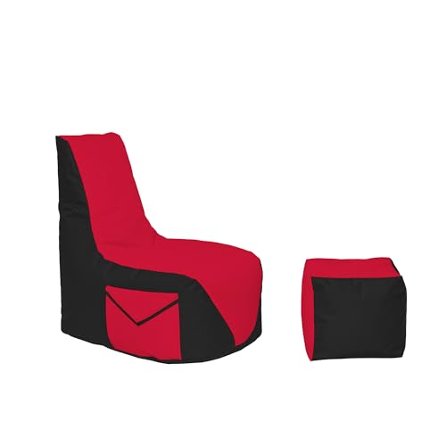 Momiralland Komfort Sitzsack XL - XXL mit Hocker Sitzkissen BodenKissen Sessel In- & Outdoor geeignet Gaming Sitzsack für Erwachsene und Kinder (Schwarz – Rot, XXL - Durchmesser 80 cm) von Momiralland