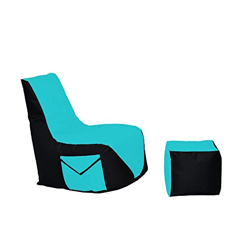 Momiralland Komfort Sitzsack XL - XXL mit Hocker Sitzkissen BodenKissen Sessel In- & Outdoor geeignet Gaming Sitzsack für Erwachsene und Kinder (Schwarz – Türkis, XXL - Durchmesser 80 cm) von Momiralland