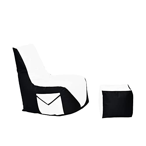 Momiralland Komfort Sitzsack XL - XXL mit Hocker Sitzkissen BodenKissen Sessel In- & Outdoor geeignet Gaming Sitzsack für Erwachsene und Kinder (Schwarz – Weiß, XL - Durchmesser 75 cm) von Momiralland