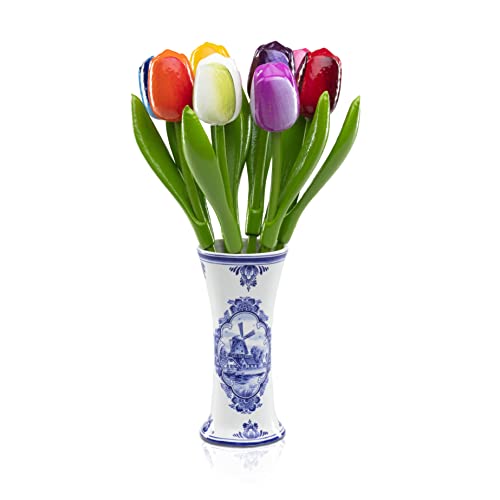 MomoMoments Holztulpenstrauß, Holzblumen, Holzdekoration, Holz-Kunstblumen, 9 Holztulpen, 34 cm, mit Keramik Vase, Blumenstrauß, Dekoration, Geschenk, Multicolor von MomoMoments