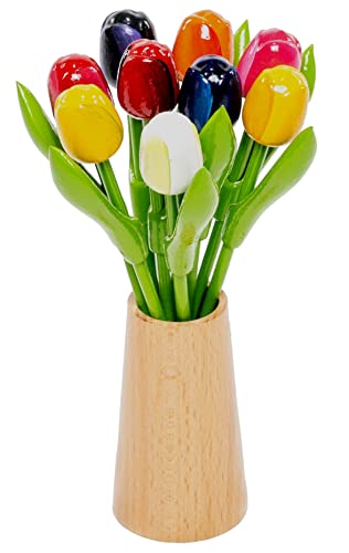 MomoMoments Holztulpen, Holzblumen, Holzdekoration, Holz-Kunstblumen, 9 Tulpen in Holzvase Design Natur, 21 cm, Dekoration, Geschenk, Multicolor von MomoMoments