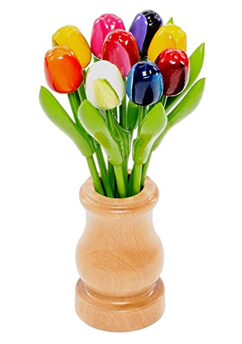 MomoMoments Holztulpen, Holzblumen, Holzdekoration, Holz-Kunstblumen, 9 Tulpen in Holzvase Retro Natur, 21 cm, Dekoration, Geschenk, Multicolor von MomoMoments