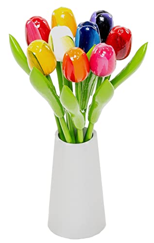 MomoMoments Holztulpen, Holzblumen, Holzdekoration, Holz-Kunstblumen, 9 Tulpen in Holzvase Design weiß, 21 cm, Dekoration, Geschenk, Multicolor von MomoMoments